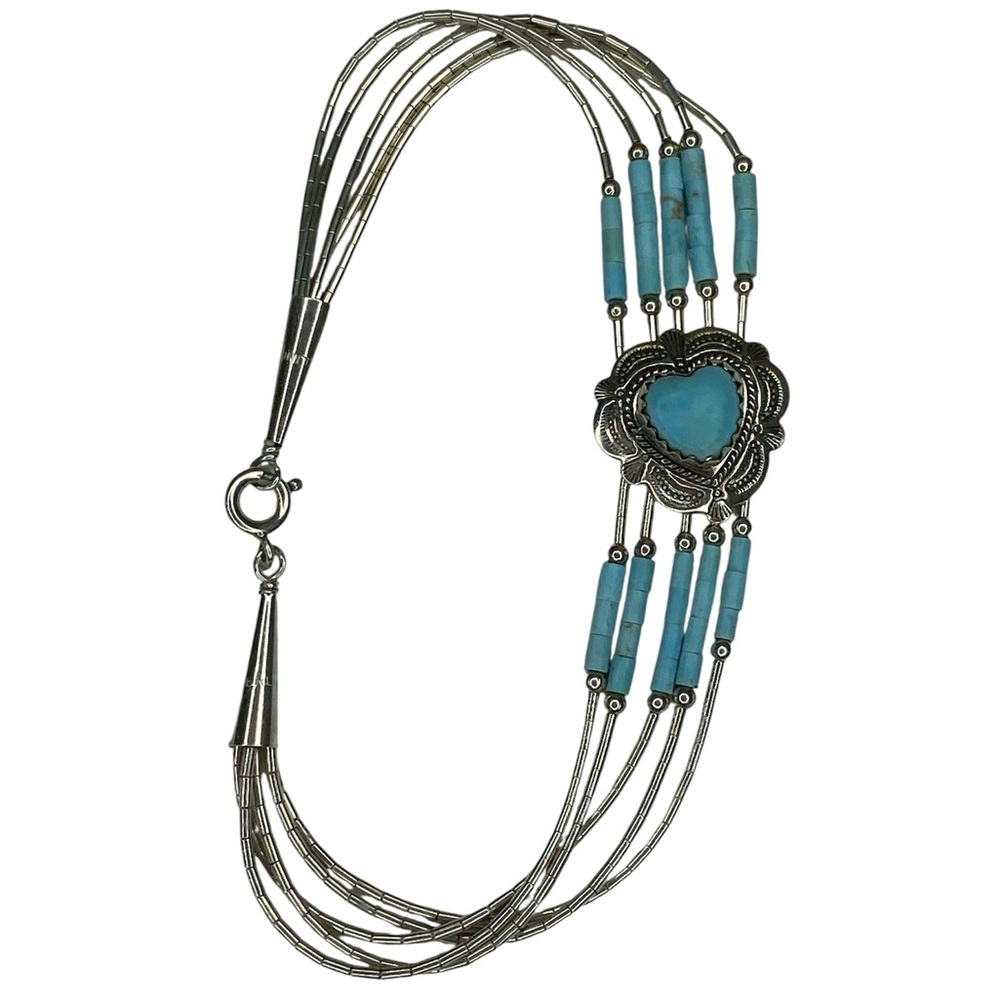 Vintage 925 Southwestern Liquid Sterling Silver Turquoise Heart 8” Bracelet